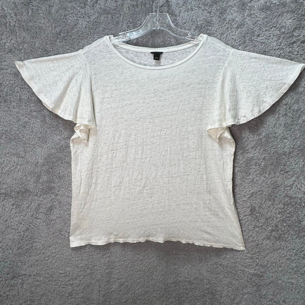 Ann Taylor Jewel Neck Ruffle Sleeve Loose Fit Tee 100% Linen White Women Large